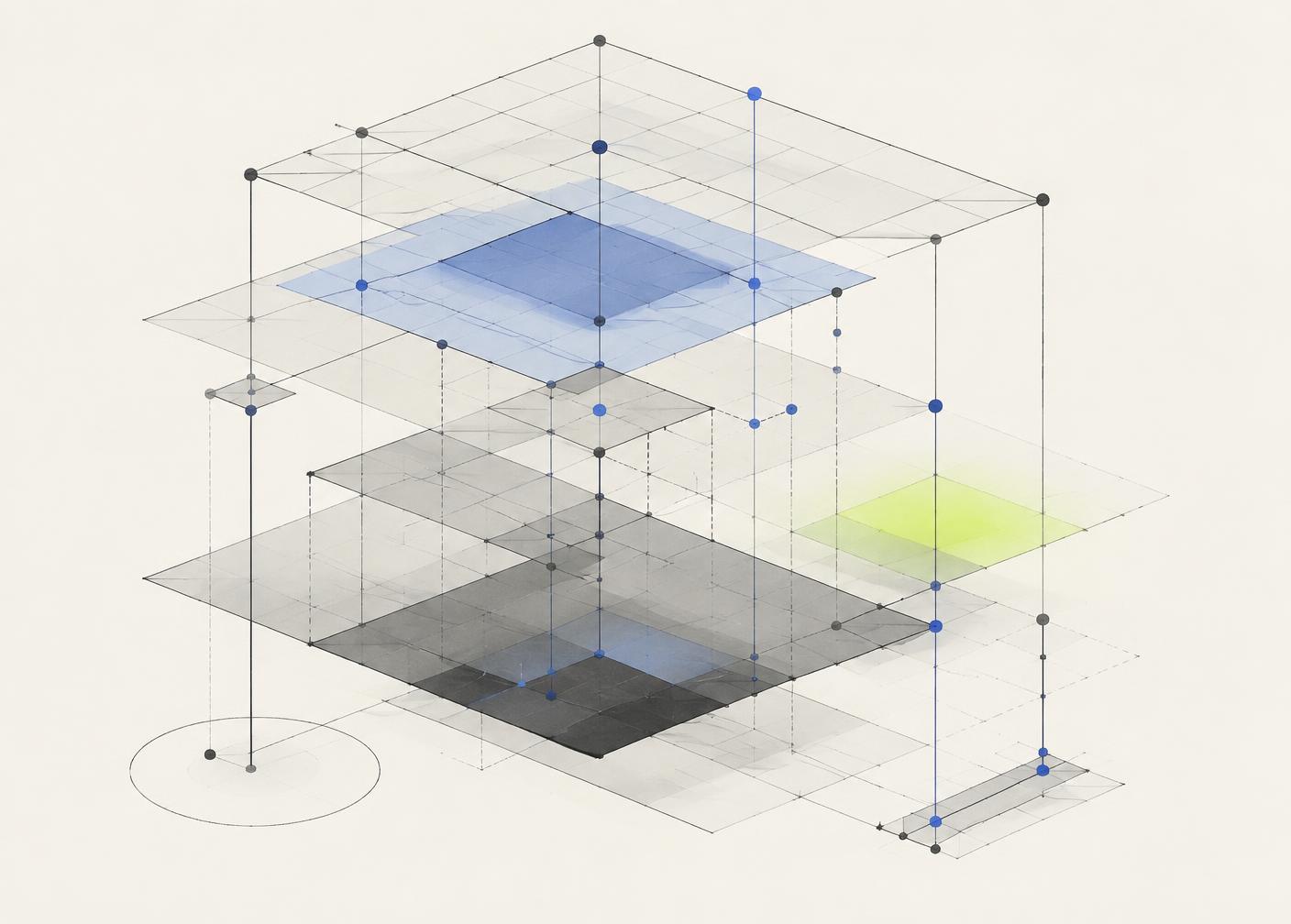 Isometric technical diagram of stacked translucent planes connected by nodes